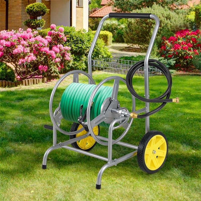 Garden Hose Reel Cart Holds 230FT of 5/8" Hose, Heavy Duty Hose Cart with 2 Wheels & Storage Basket, Portable Water Hose Organizer for Yard