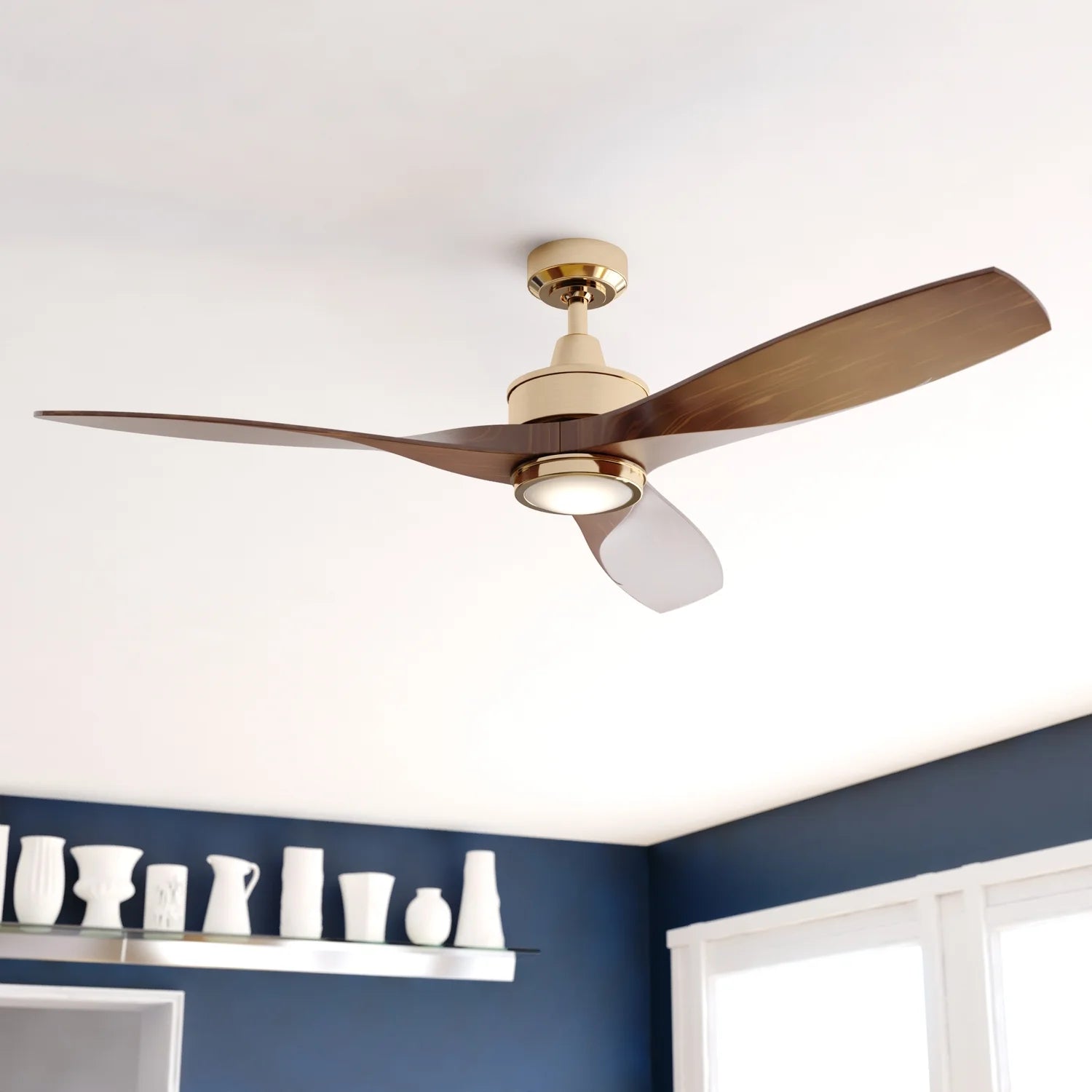 Vaxcel Curtiss Satin Brass Mid Century Modern MCM Wood Propeller Ceiling Fan with LED Light Kit and Remote