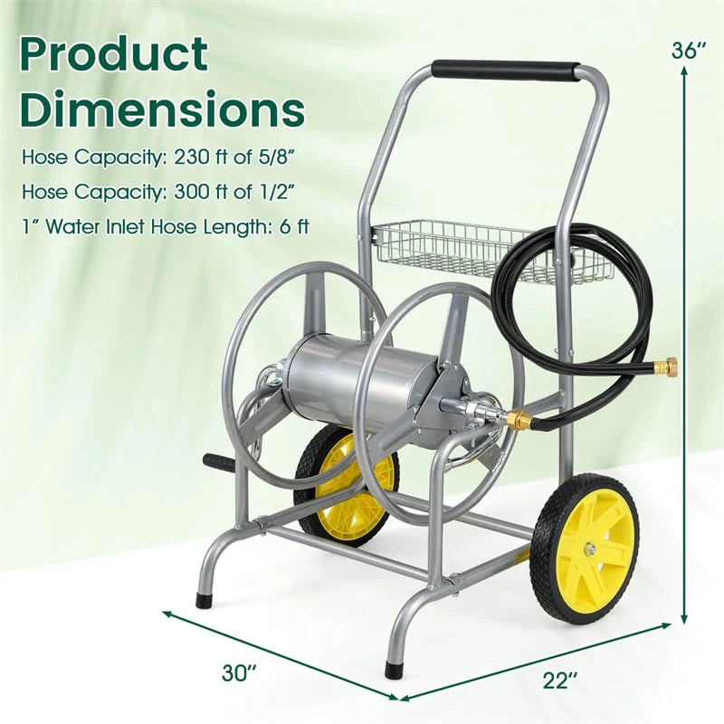 Garden Hose Reel Cart Holds 230FT of 5/8" Hose, Heavy Duty Hose Cart with 2 Wheels & Storage Basket, Portable Water Hose Organizer for Yard
