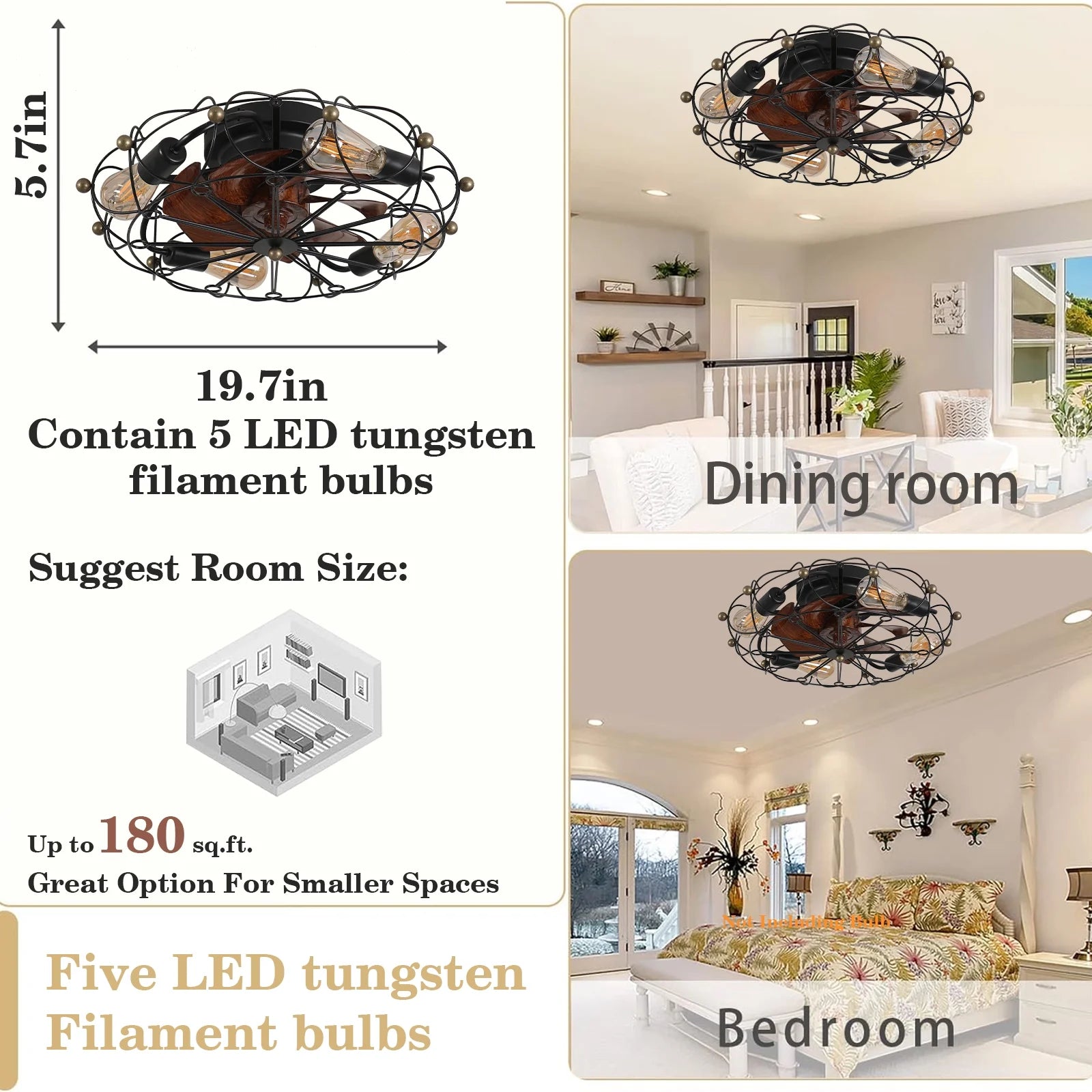 Industrial Cage Ceiling Fan Low Profile 7 Blade Fan with Remote & Light Modern Rustic Cooling for Small Spaces