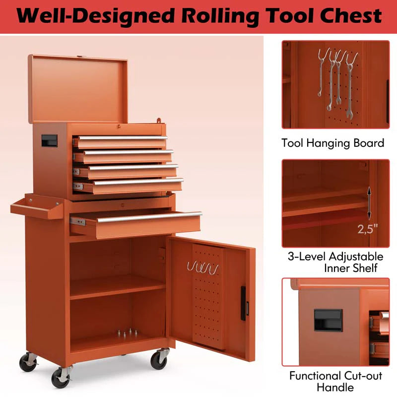 2 in 1 Rolling Tool Chest, 5-Drawer Tool Storage Cabinet with Wheels, Adjustable Shelf, Tool Box Organizer for Garage Warehouse Workshop