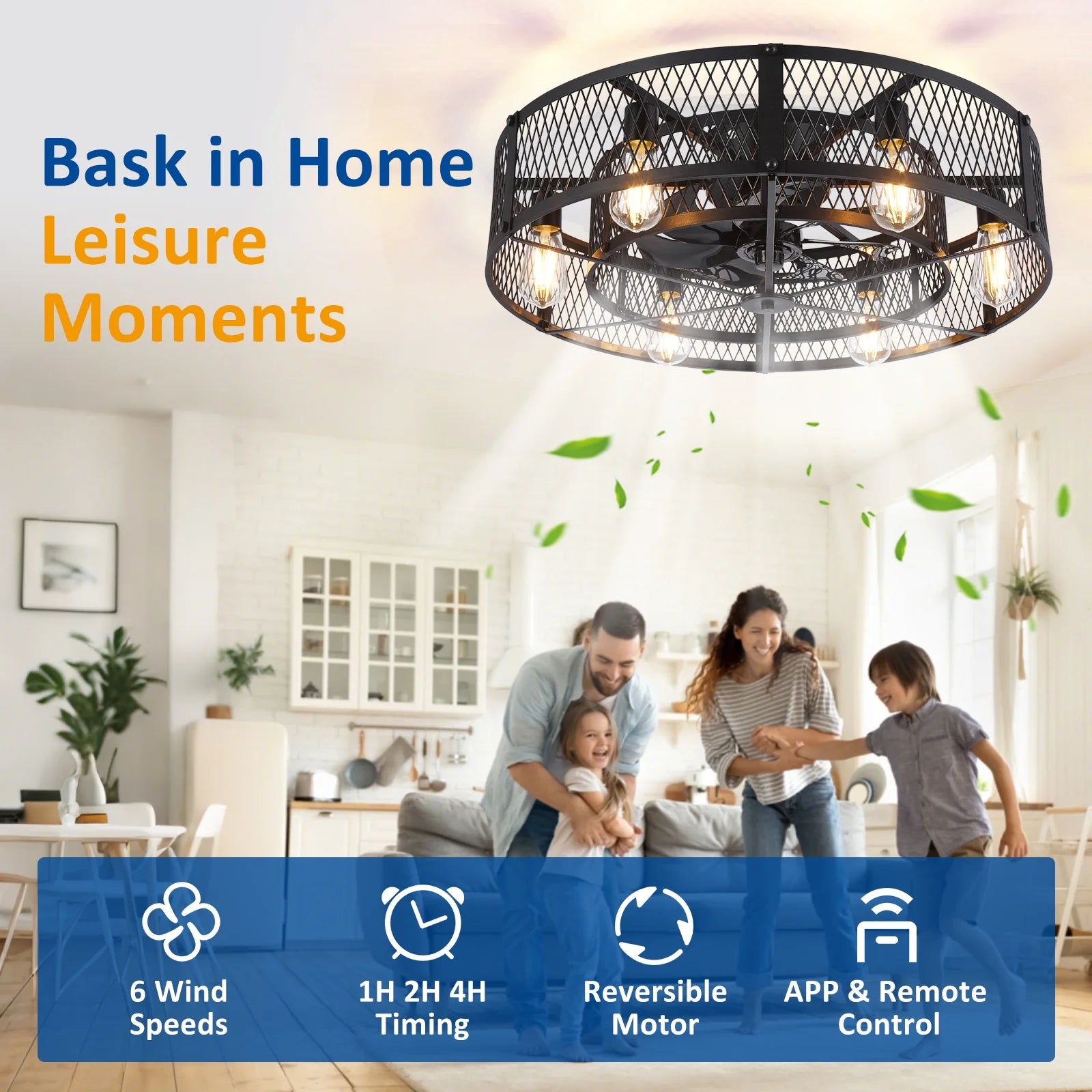 26 Inch Farmhouse Caged Ceiling Fan with Light, Remote & APP Control Quiet DC Motor E26 Bulbs Included Black