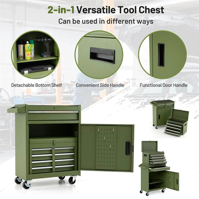 2 in 1 Rolling Tool Chest, 5-Drawer Tool Storage Cabinet with Wheels, Adjustable Shelf, Tool Box Organizer for Garage Warehouse Workshop