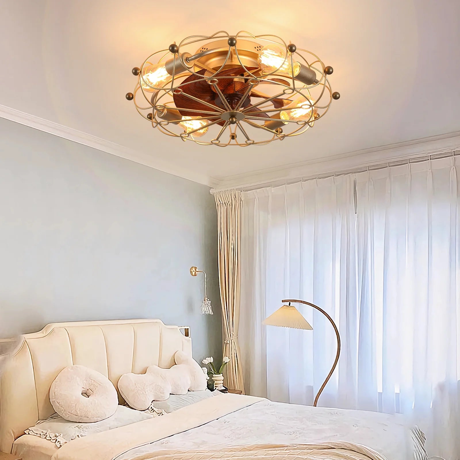Industrial Cage Ceiling Fan Low Profile 7 Blade Fan with Remote & Light Modern Rustic Cooling for Small Spaces