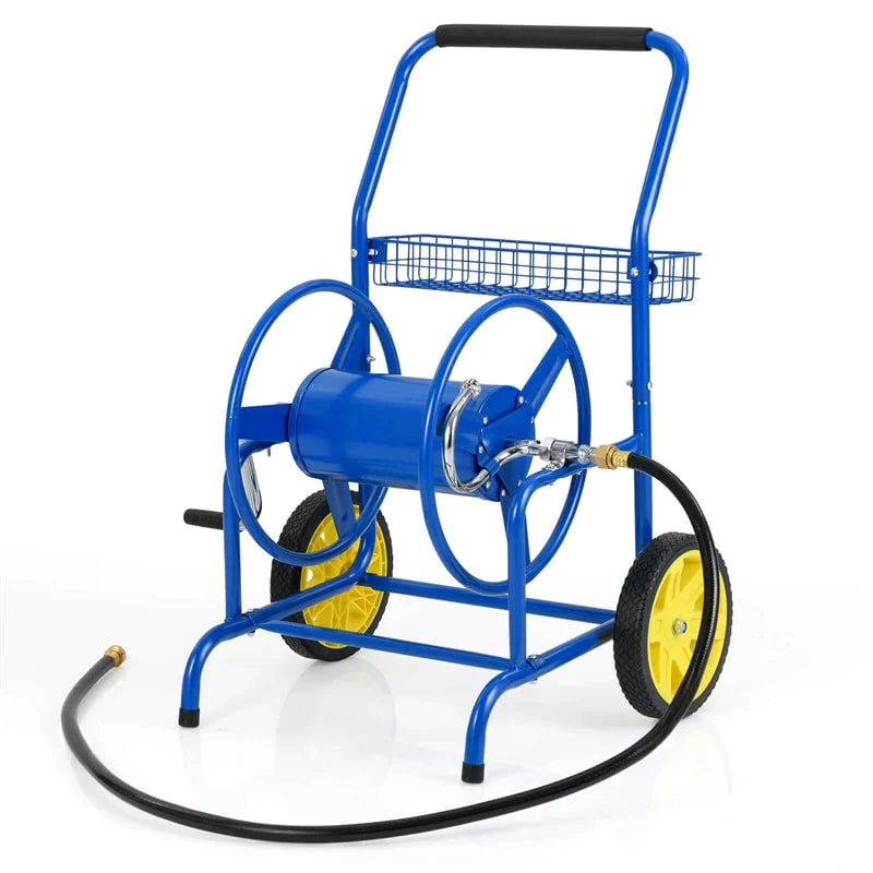 Garden Hose Reel Cart Holds 230FT of 5/8" Hose, Heavy Duty Hose Cart with 2 Wheels & Storage Basket, Portable Water Hose Organizer for Yard