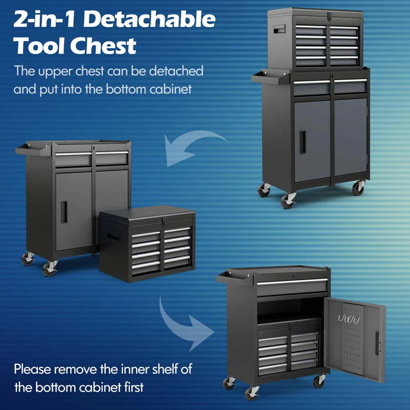 2 in 1 Rolling Tool Chest, 5-Drawer Tool Storage Cabinet with Wheels, Adjustable Shelf, Tool Box Organizer for Garage Warehouse Workshop