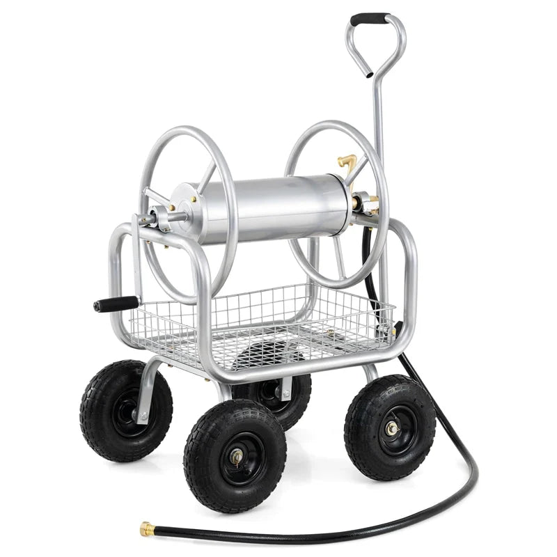 Portable Garden Hose Reel Cart Holds 300FT of 5/8" Large Capacity, Heavy Duty Metal Hose Cart with 4 Wheels & Storage Basket for Lawn Yard