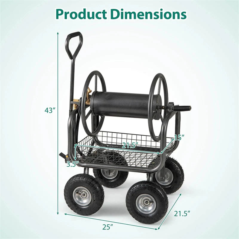Portable Garden Hose Reel Cart Holds 300FT of 5/8" Large Capacity, Heavy Duty Metal Hose Cart with 4 Wheels & Storage Basket for Lawn Yard