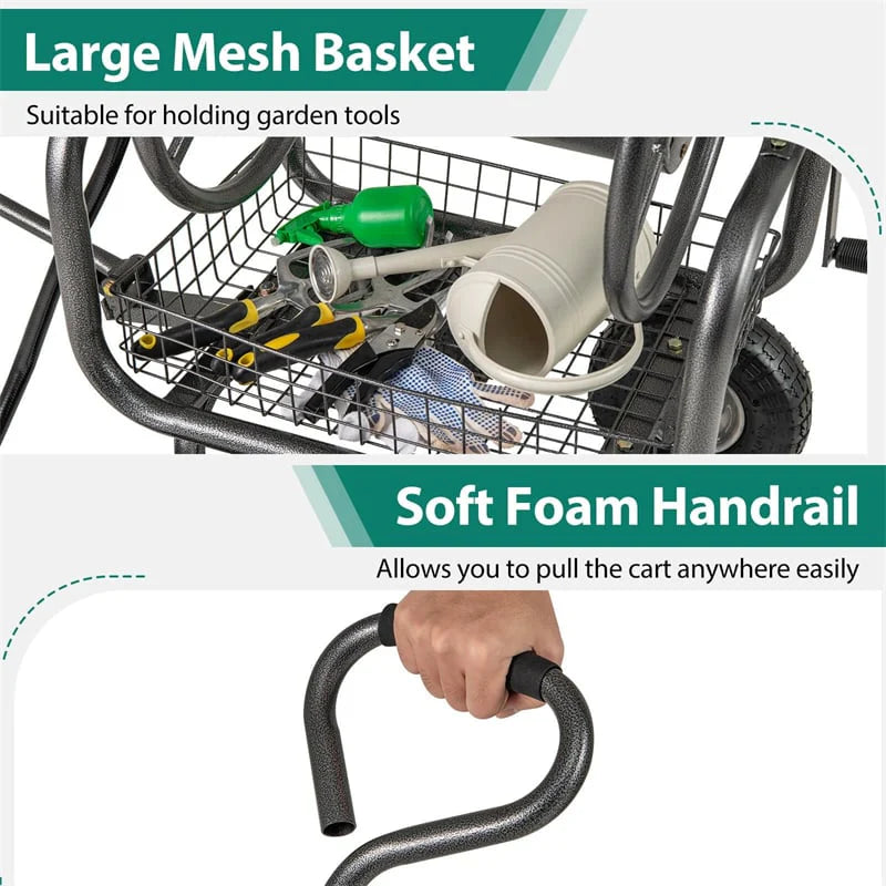 Portable Garden Hose Reel Cart Holds 300FT of 5/8" Large Capacity, Heavy Duty Metal Hose Cart with 4 Wheels & Storage Basket for Lawn Yard