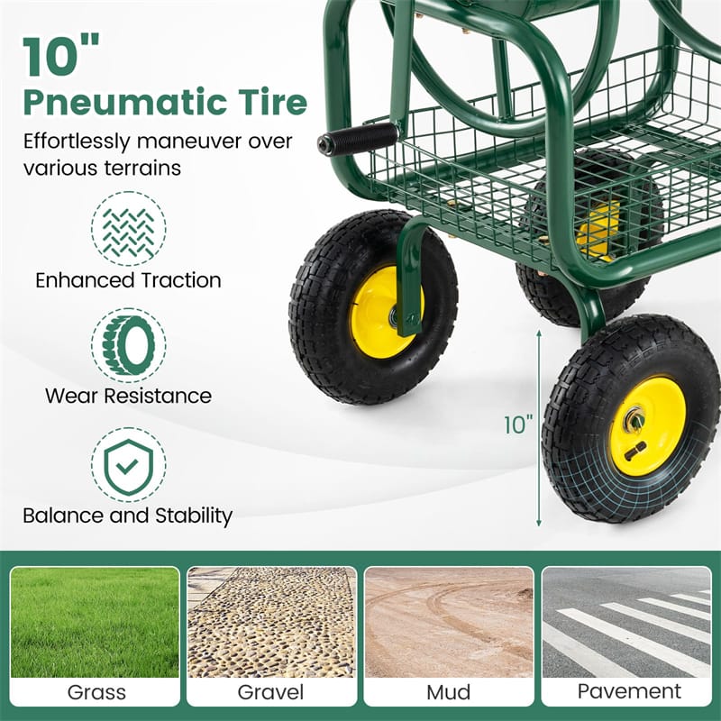 Portable Garden Hose Reel Cart Holds 300FT of 5/8" Large Capacity, Heavy Duty Metal Hose Cart with 4 Wheels & Storage Basket for Lawn Yard
