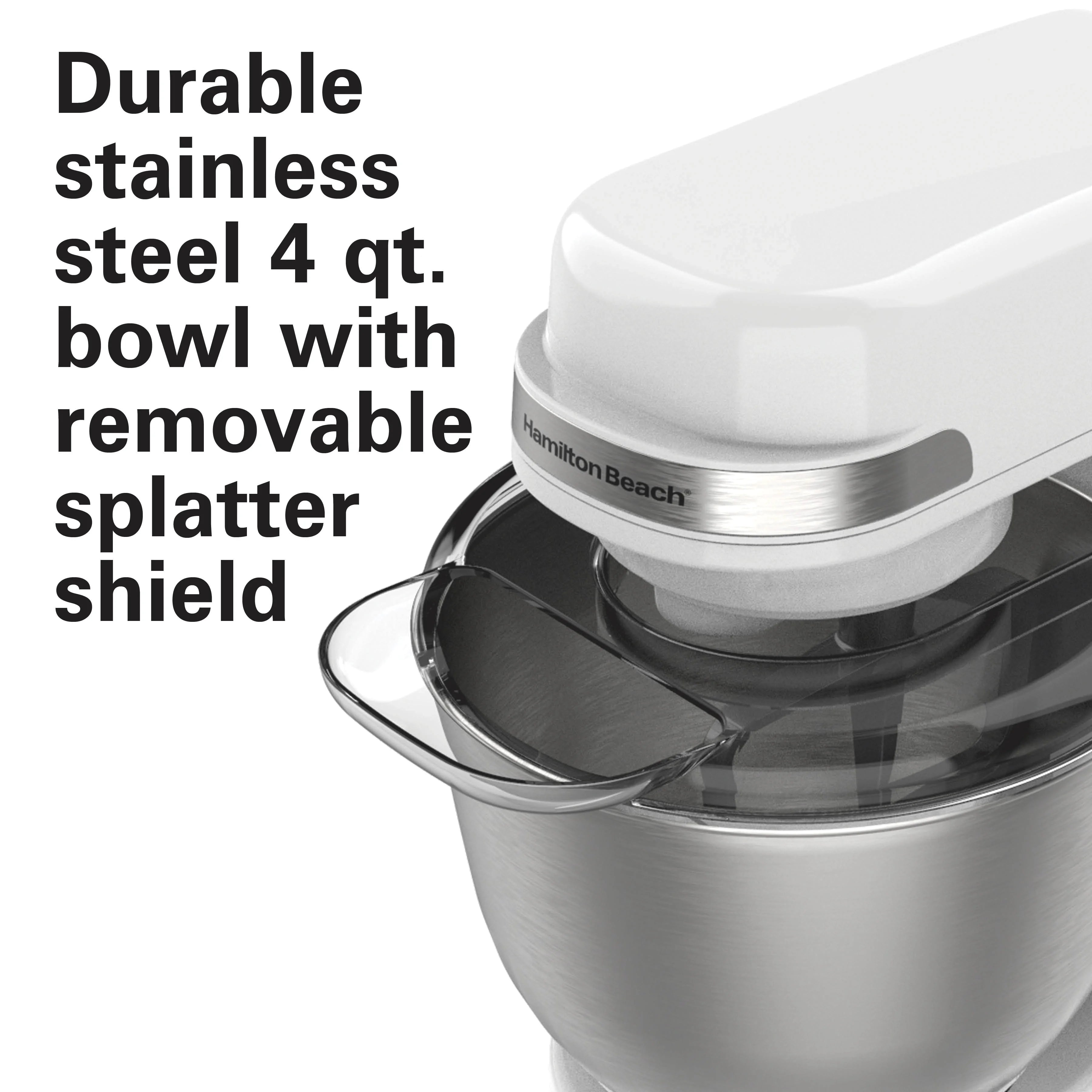 Hamilton Beach 4 Quart Stand Mixer for Kitchen, 7 Speeds, Tilt Head, Dough Hook, Whisk & Flat Beater, White